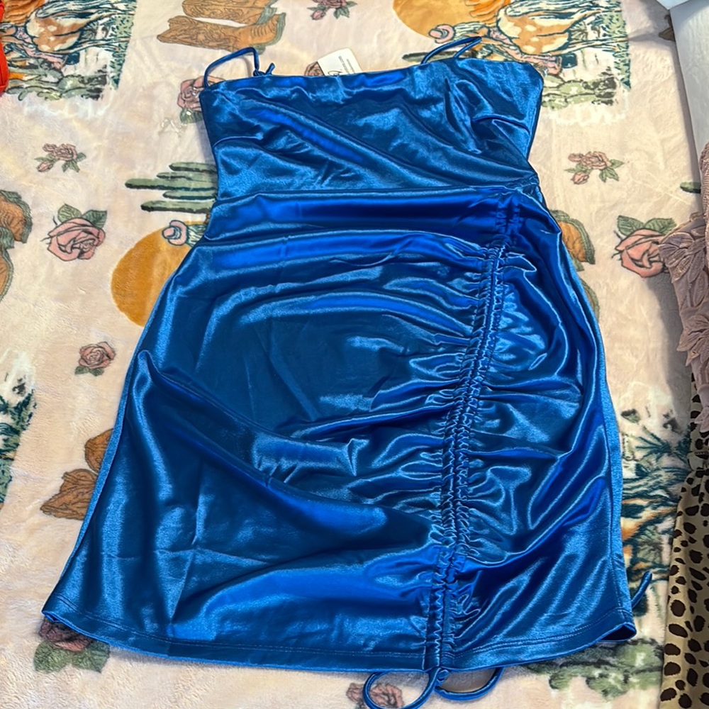 Sleek Blue Satin Dress. Brand new w/tags. Slight stain.